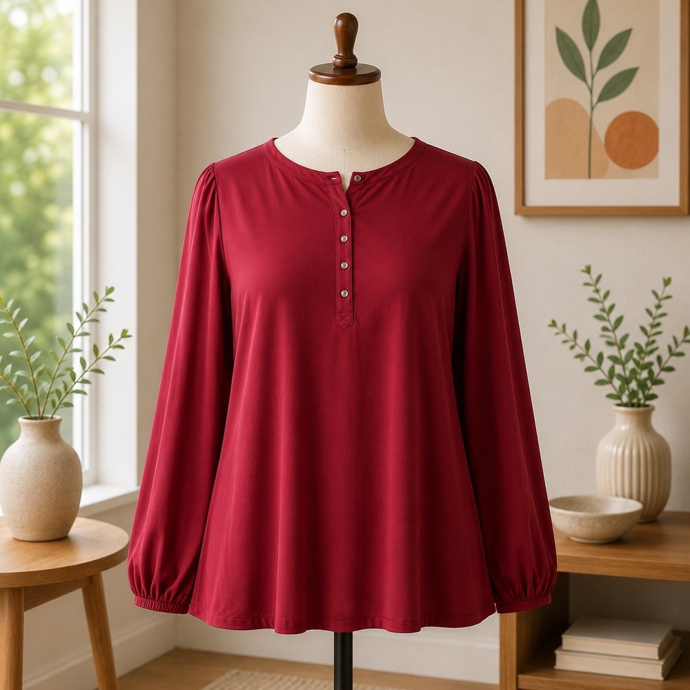 Denim & Co Womens XL Red Satin Faux Pearl Button Henley Blouse Long Sleeve Top